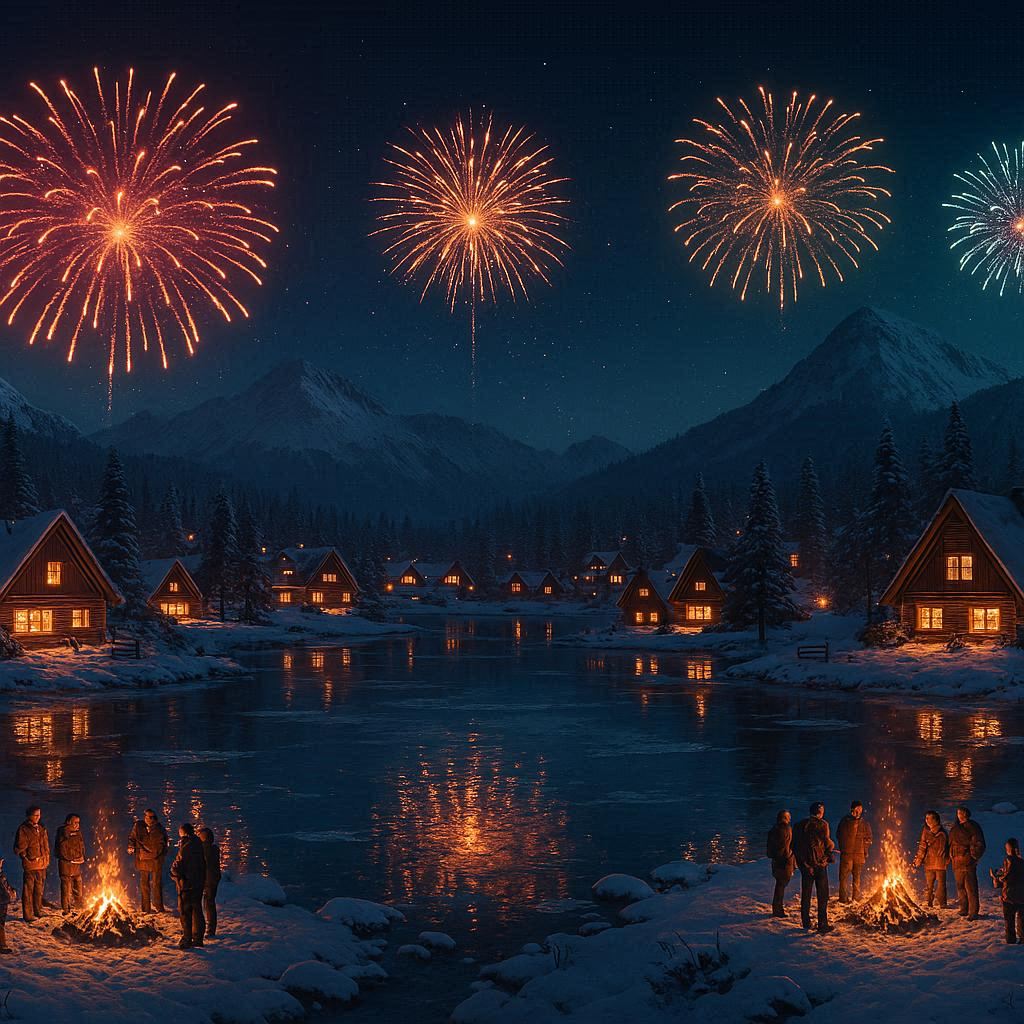 A panoramic 3D render of a snowy mountain resort celebrating New Year’s Eve, glowing cabins, fireworks reflecting on icy lakes, people gathered around bonfires, rim lighting adding depth and highlighting the crisp winter atmosphere.